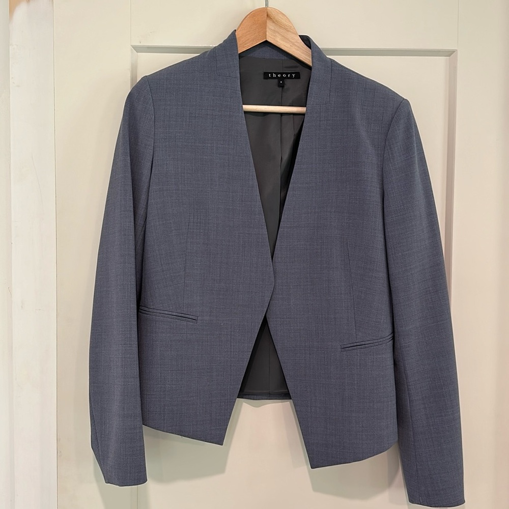 Theory collarless Lanai open front blazer, gray-blue - 8